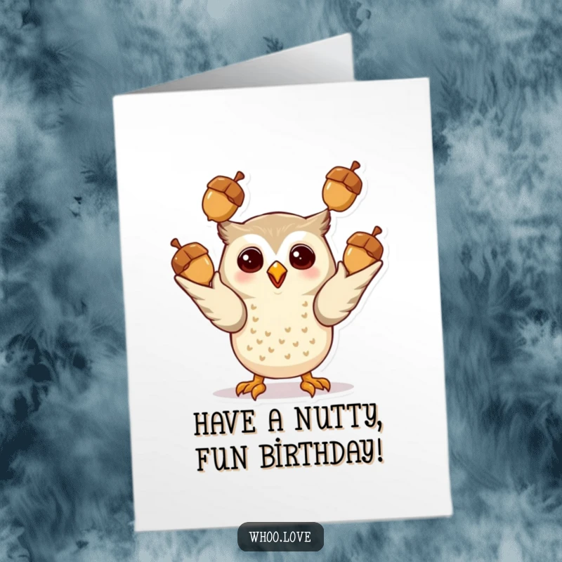 Free Printable Birthday Card: A giddy owl skillfully juggling three shiny acorns, full of energy and birthday cheer, a funny spectacle.