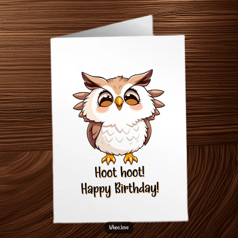 Funny Free Printable Birthday Card of an owl character hooting with pure joy, its feathers slightly ruffled.