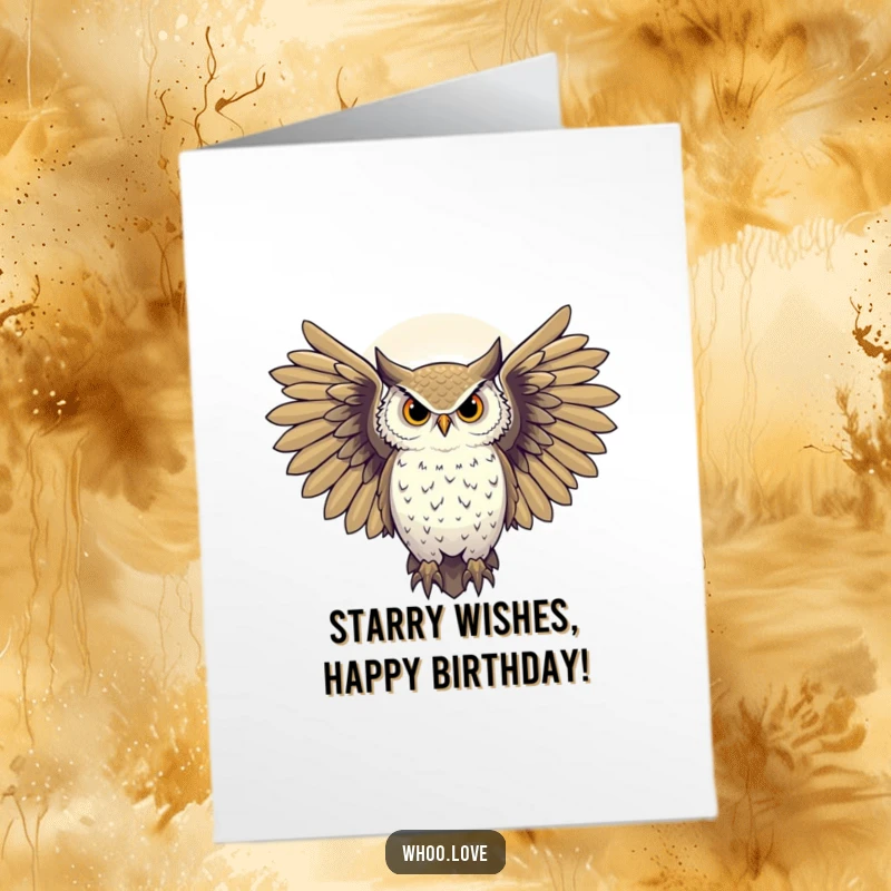 Funny Free Printable Birthday Card: Majestic owl with wings spread, silhouetted against a starry night sky, grand and inspiring.