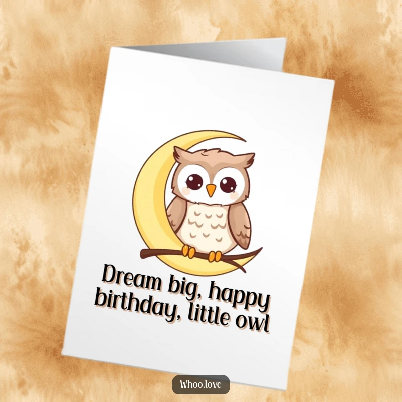 Funny Free Printable Birthday Card featuring a happy owl contentedly perched on a crescent moon, a whimsical downloadable greeting.