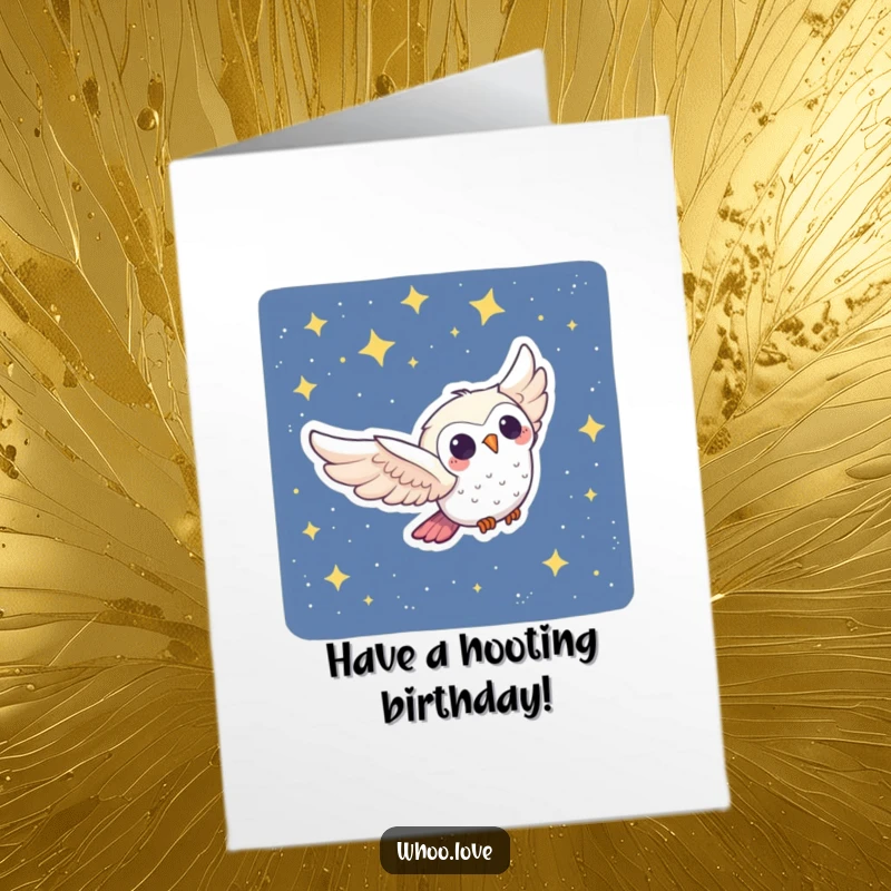 Funny Free Printable Birthday Card: Joyful Owl Character Swooping Gracefully Through a Starry Night Sky, Whimsical Greeting.