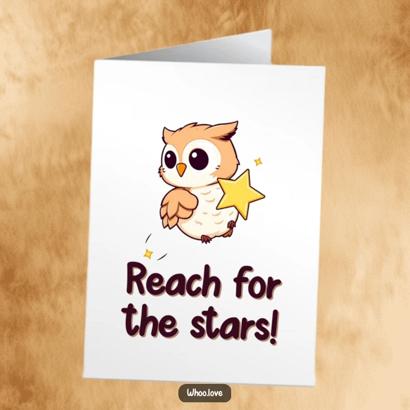 Funny Free Printable Birthday Card: Playful owl comically chasing a sparkling whimsical star, celebrating your special day.