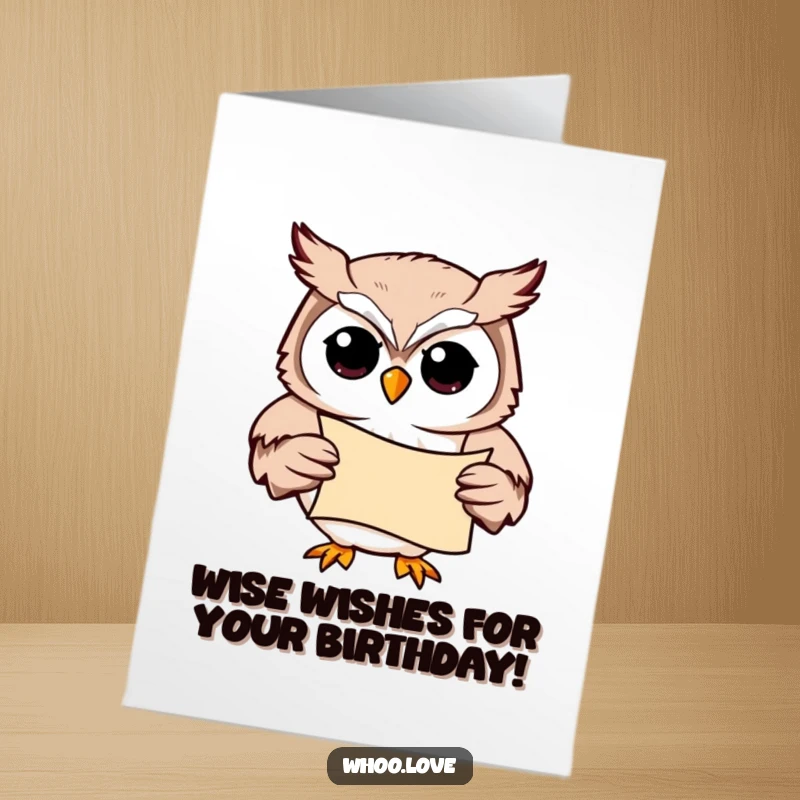 Funny Free Printable Birthday Card: Studious owl clutches a scroll, looking wise and ready to share knowledge.