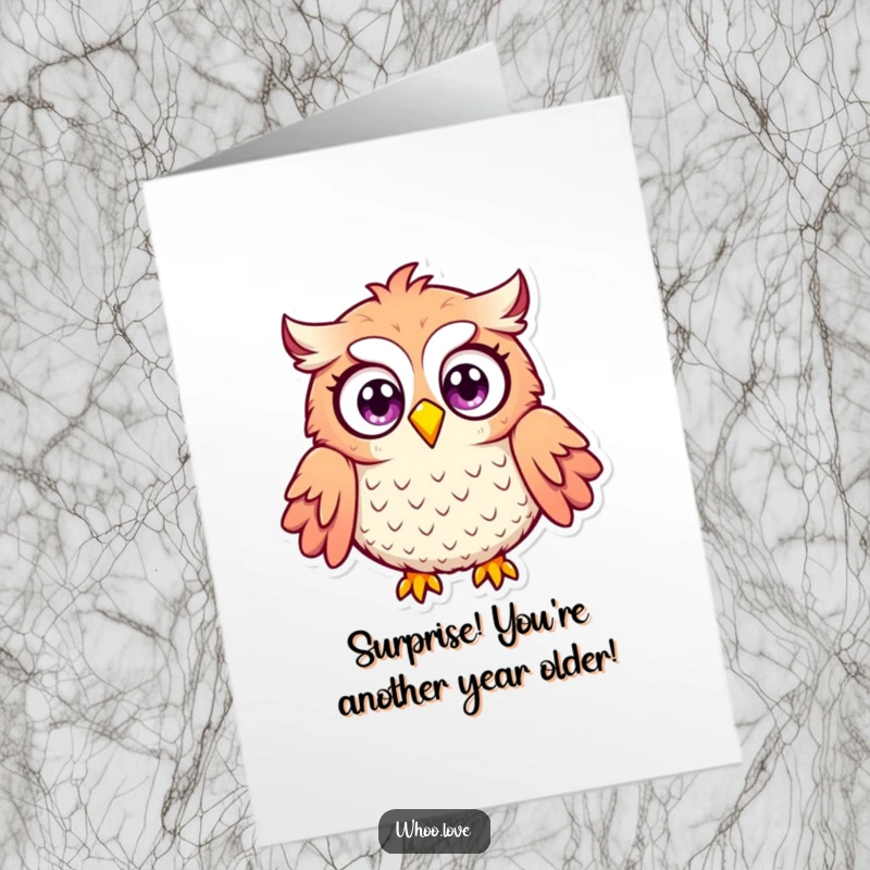 Funny Free Printable Birthday Card featuring an owl with wide, surprised eyes and puffed feathers, a hilarious downloadable greeting.