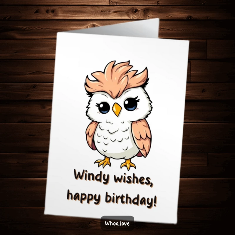 Funny Free Printable Birthday Card: Silly owl with feathers ruffled, caught in a strong gust of wind, chaotic fun.