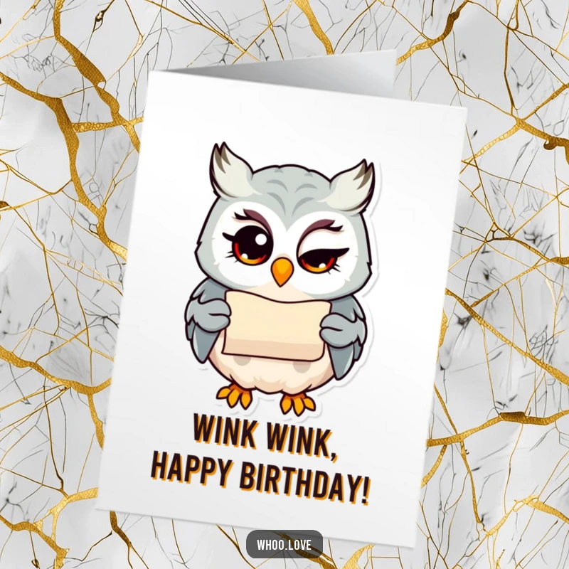 Funny Free Printable Birthday Card: Owl character giving a bright wink while holding a tiny scroll, playful and mysterious.