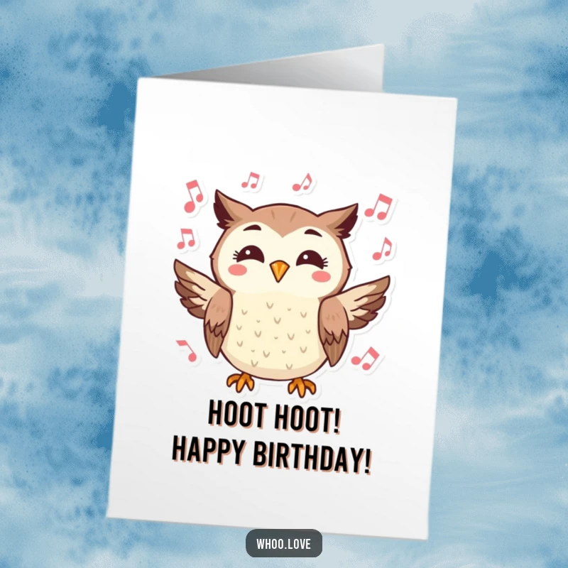 Funny free printable birthday card: a cheerful owl hoots joyfully amidst musical notes, celebrating with song.