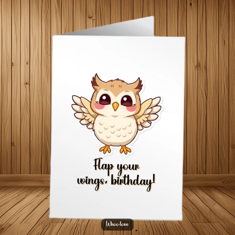 Funny Free Printable Birthday Card showing a joyful owl flapping its wings, an energetic downloadable gift for a happy celebration.