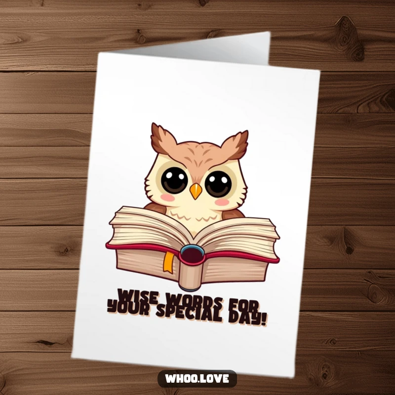 Funny free printable birthday card: Wise owl pops out from a giant book with a playful, surprised expression.