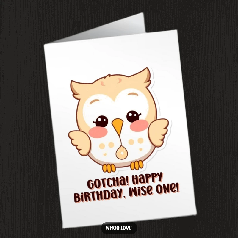 Funny Free Printable Birthday Card: Happy owl dropping a small, shiny object from its beak with a playful glint for a birthday.