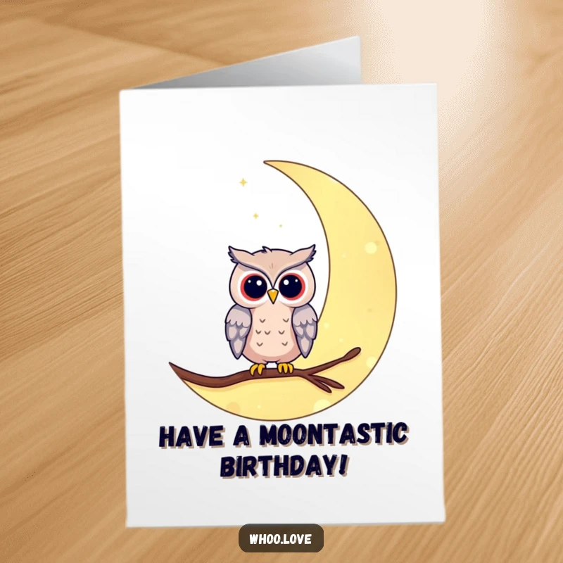 Free Printable Birthday Card featuring a serene owl character peacefully perched on a glowing crescent moon