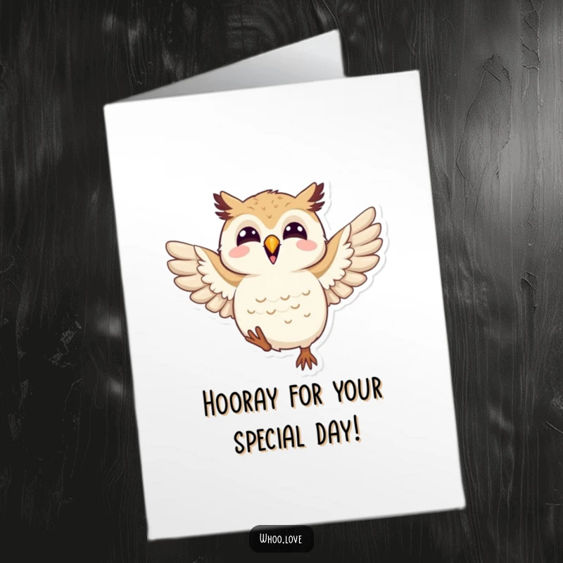 Funny Free Printable Birthday Card featuring a happy owl character enthusiastically flapping its wings with pure joy, a delightful download.