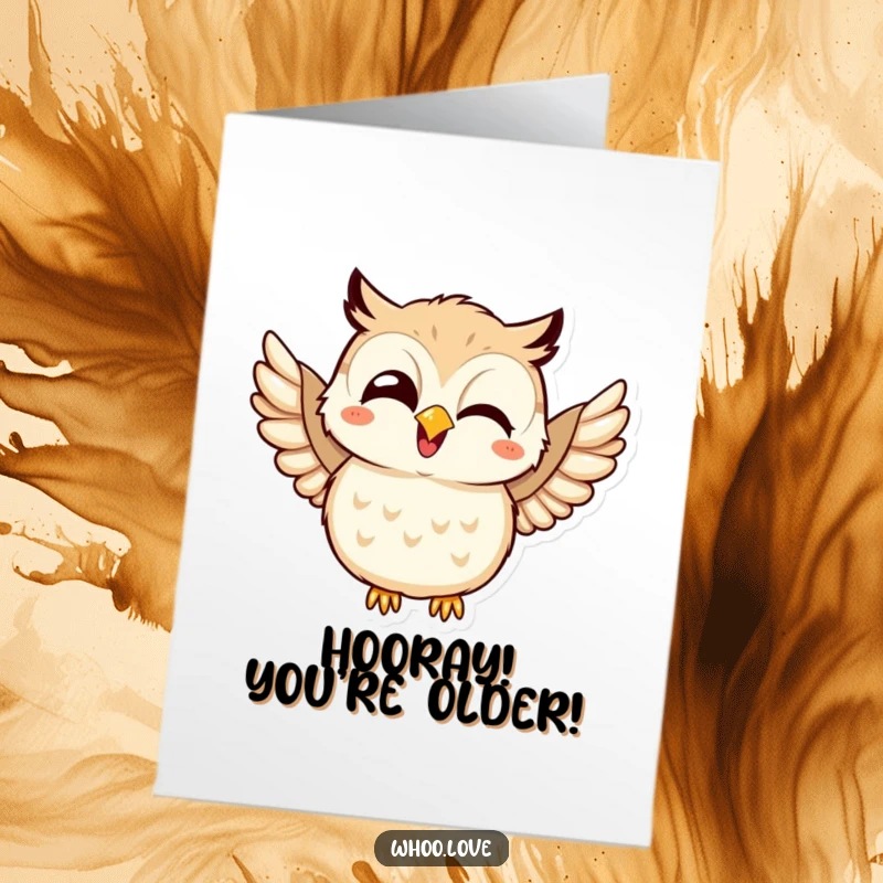 Free Printable Birthday Card: Cute kawaii owl giggling uncontrollably and flapping wings with pure joy. Happy DIY gift.