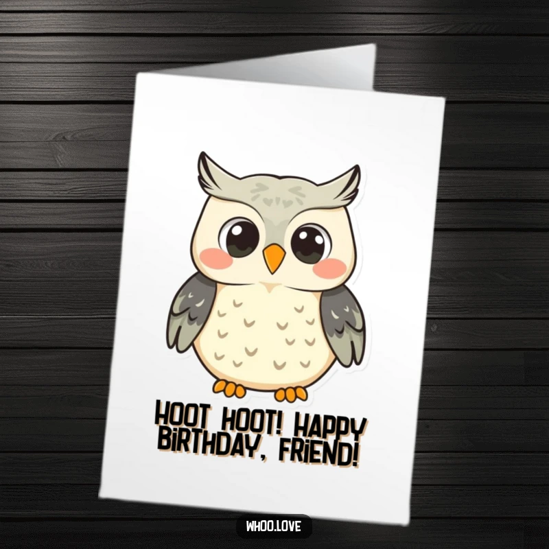 Funny Free Printable Birthday Card: A cheerful owl hooting with a massive smile, celebrating a birthday.