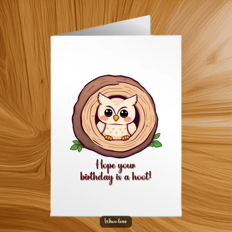 Funny Free Printable Birthday Card: A bashful kawaii owl peeks from a log, offering a shy, sweet smile.