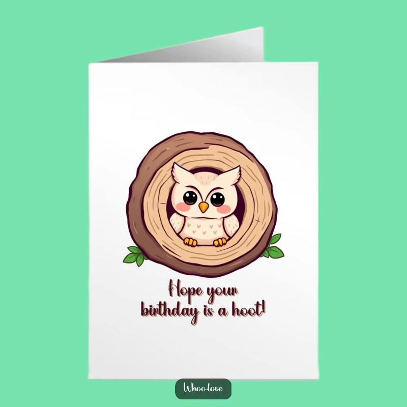 Free Printable Birthday Card: Shy Kawaii Owl in Log, Funny Downloadable Greeting!