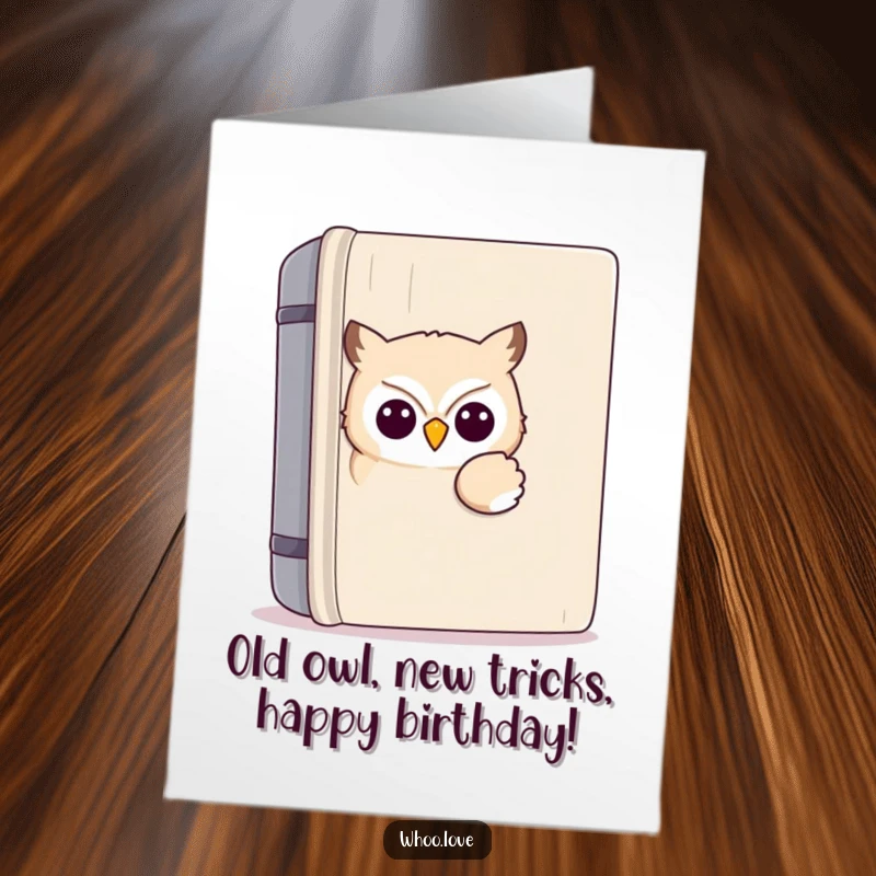 Funny Free Printable Birthday Card featuring a kawaii owl peeking curiously from behind a giant book, a delightful downloadable gift.