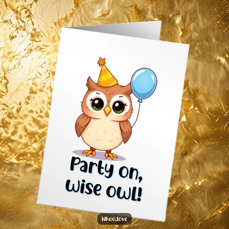 Funny Free Printable Birthday Card: Owl in a crooked party hat holding a balloon, ready for a downloadable celebration.