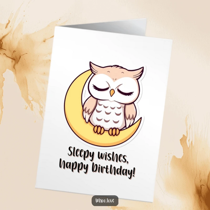 Funny Free Printable Birthday Card: Sleepy owl with droopy eyes perched on a crescent moon, dreamy and cute.