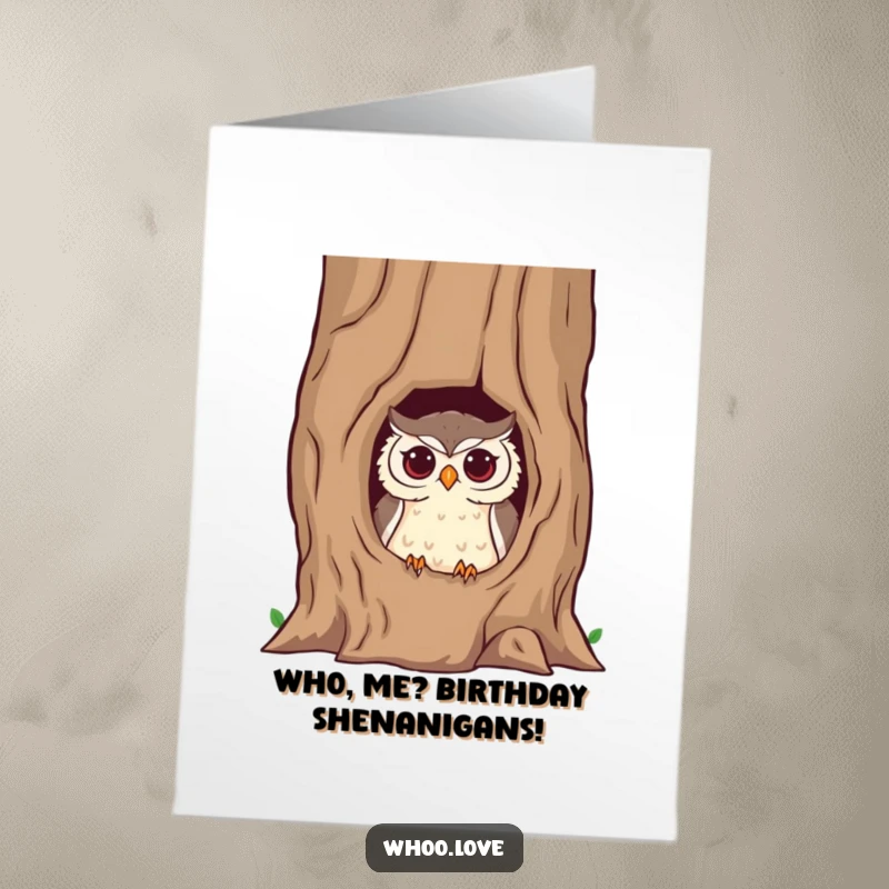 Funny Free Printable Birthday Card: A mischievous owl peeks out from a tree trunk, plotting birthday fun. Easy to print.