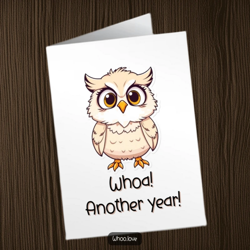 Funny Free Printable Birthday Card: Surprised owl character with feathers ruffled, caught off guard by a gust.