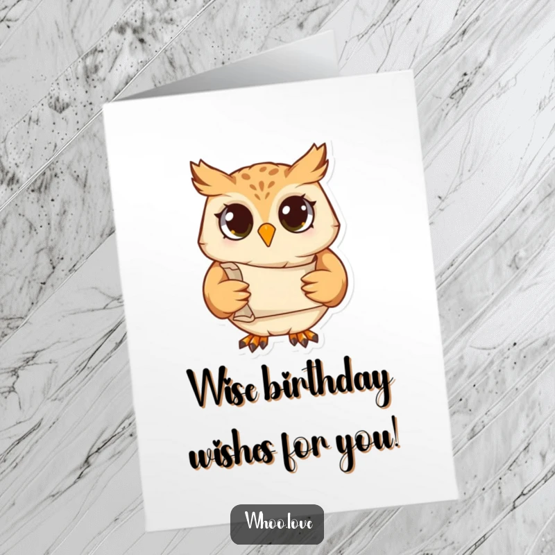 Funny Free Printable Birthday Card featuring a studious owl character holding a scroll, conveying wise birthday wishes.