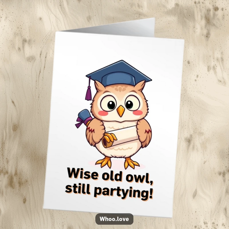 Funny Free Printable owl holding a graduation scroll, wearing a graduation cap, spreading birthday cheer with a big smile.