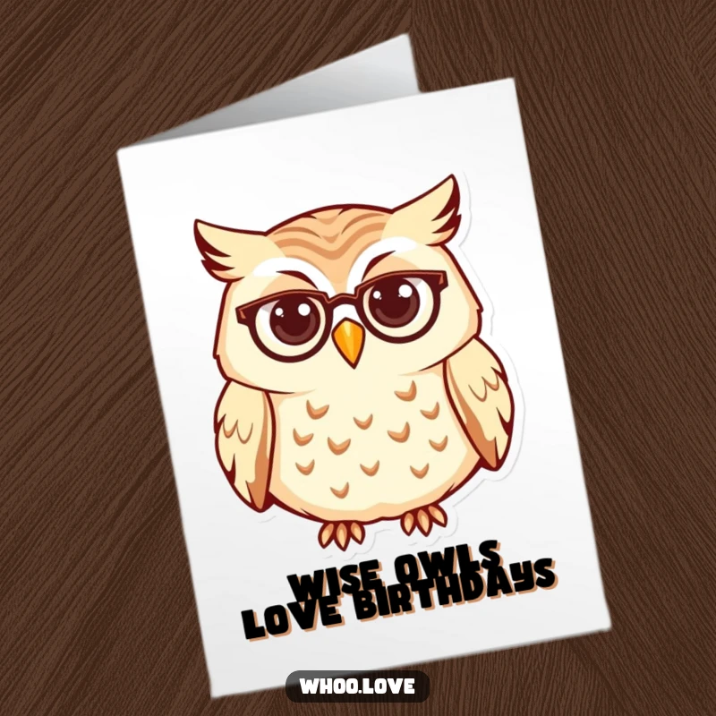Funny Free Printable Birthday Card with a curious owl wearing tiny spectacles, looking inquisitive and ready for fun.