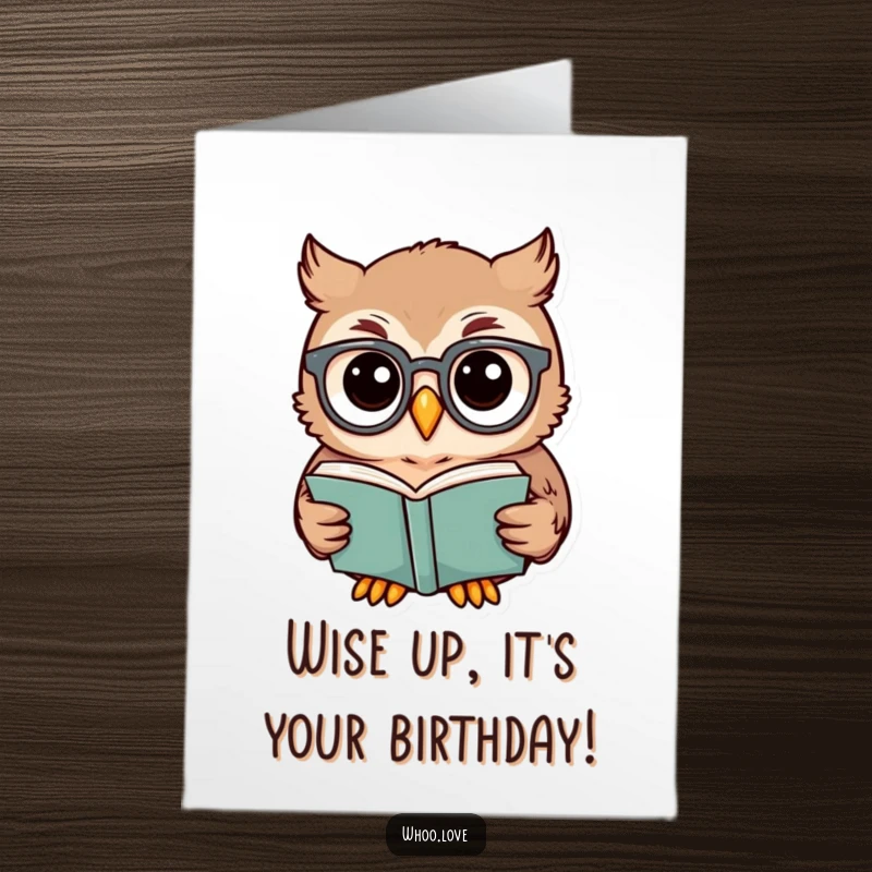 Funny Free Printable Birthday Card: A studious owl with tiny spectacles intently reads a book, ready for celebration.