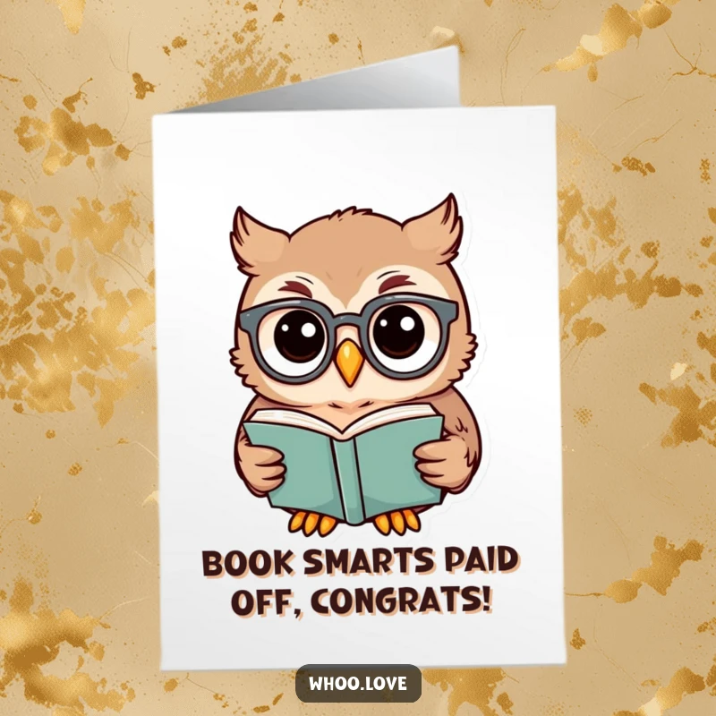 Funny Free Printable Congratulations Card: A wise owl wearing spectacles peers intently at a book, celebrating knowledge.