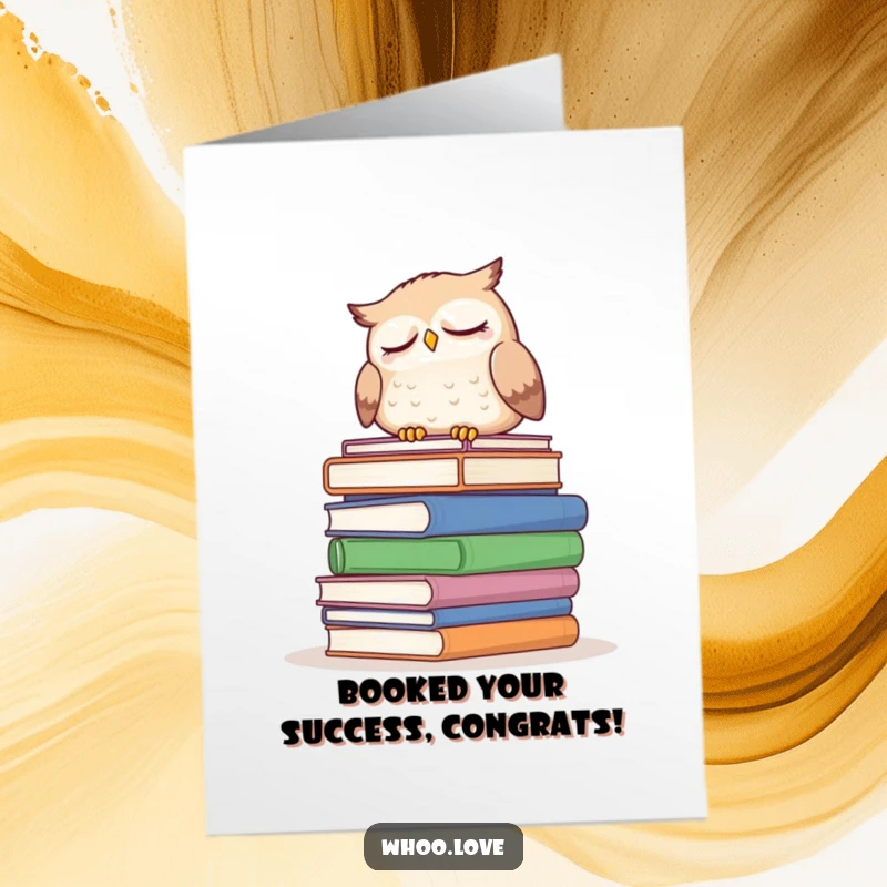 Funny Free Printable Congratulations Card: Sleepy owl dozing on a stack of enormous books, a downloadable nod to their efforts.