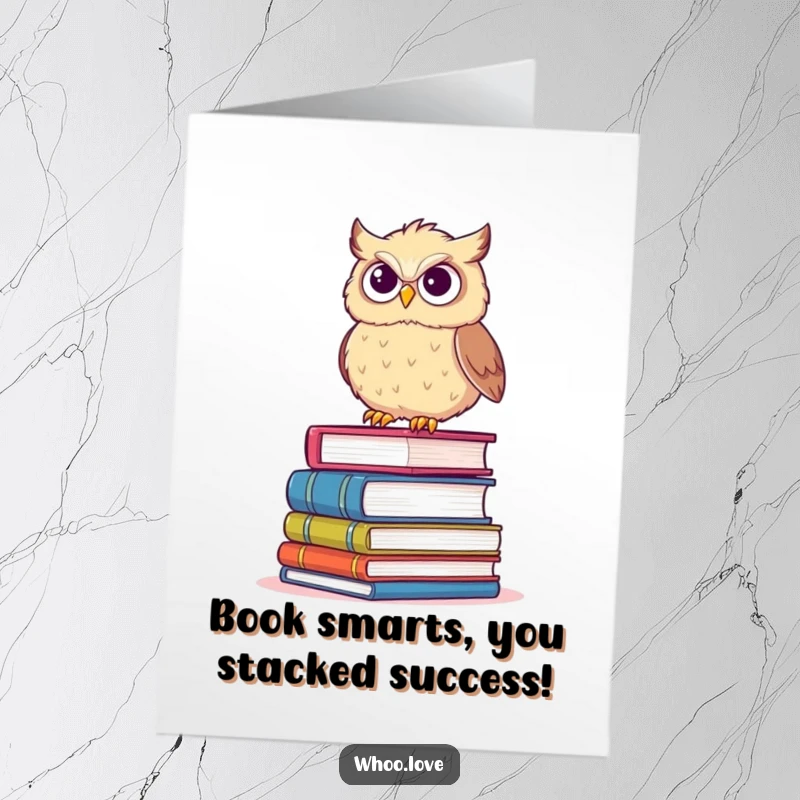 Funny Free Printable Congratulations Card: Fluffy owl precariously balancing on books with a determined, triumphant grin.