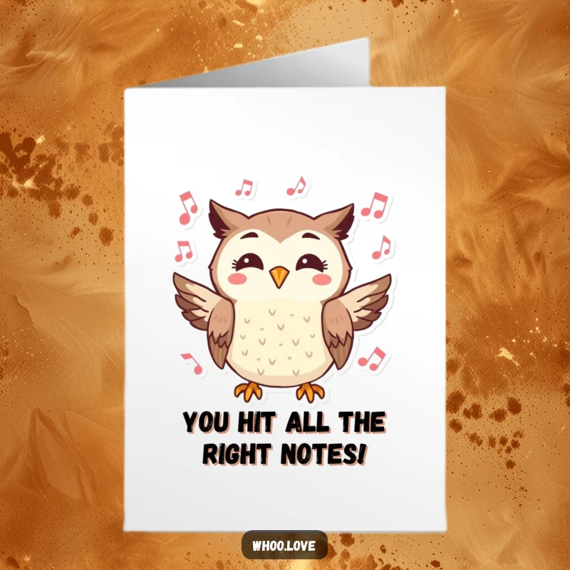 Funny free printable congratulations card featuring a happy owl hooting tunes surrounded by musical notes, celebrating success.