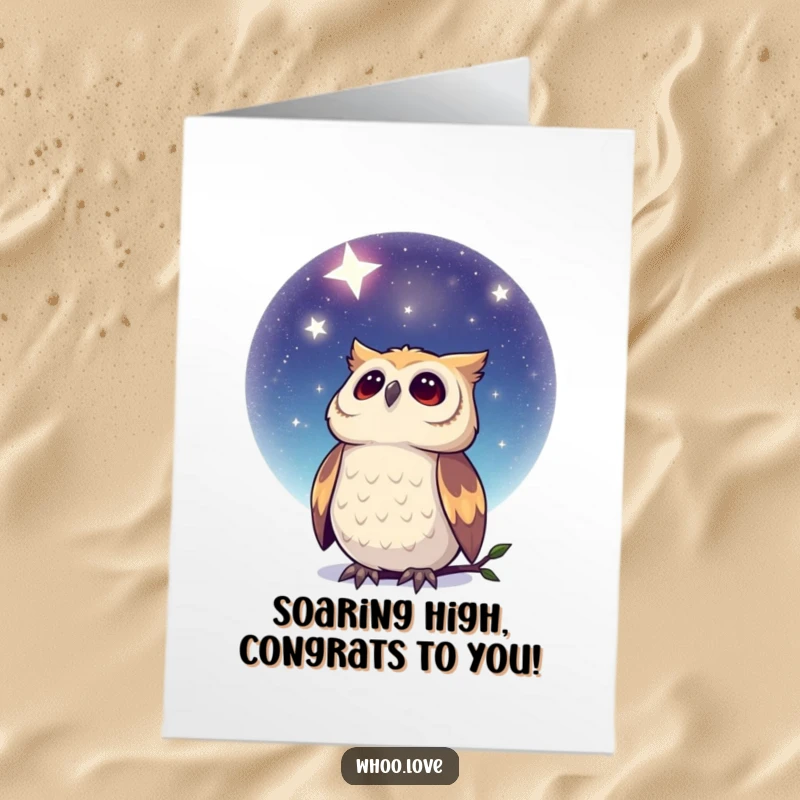 Free Printable Congratulations Card: A dreamy owl looking up at a vast starry night sky, symbolizing dreams coming true and success.