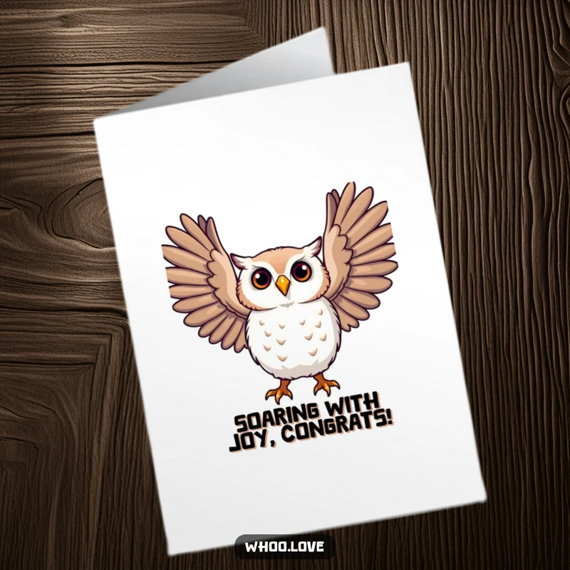 Funny Free Printable Congratulations Card featuring an owl with large, expressive wings outstretched, symbolizing great success.