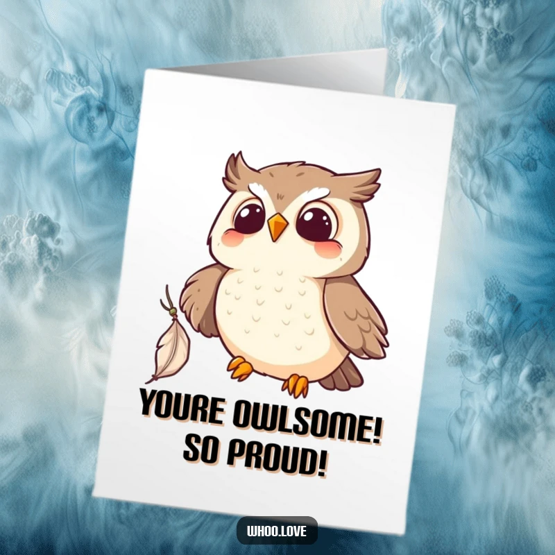 Funny Free Printable Congratulations Card: Cute kawaii owl excitedly grips a falling feather, celebrating a win.