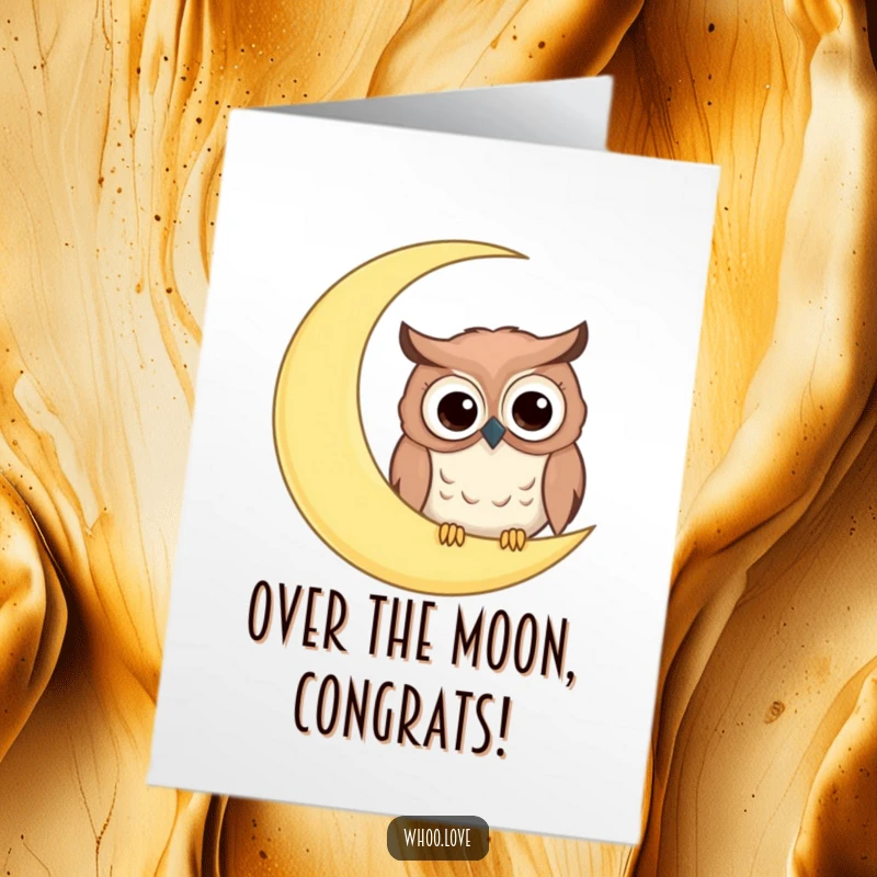Funny Free Printable Congratulations Card: Comical owl with googly eyes peeking from behind a large crescent moon.