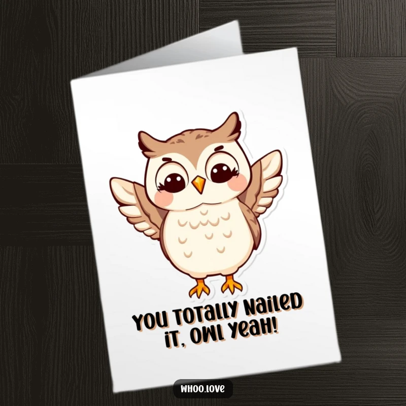 Free Printable Congratulations Card: Giddy owl doing a celebratory wing shimmy, perfect for announcing good news and sharing joy.