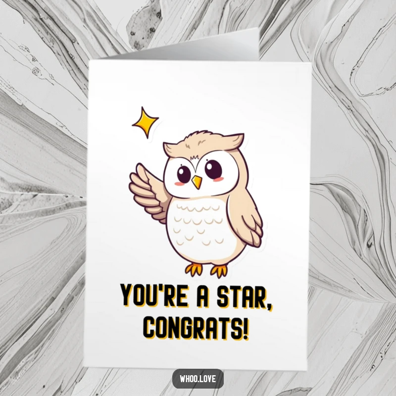 Funny Free Printable Congratulations Card: An owl joyfully points its wing towards a shining star of achievement.