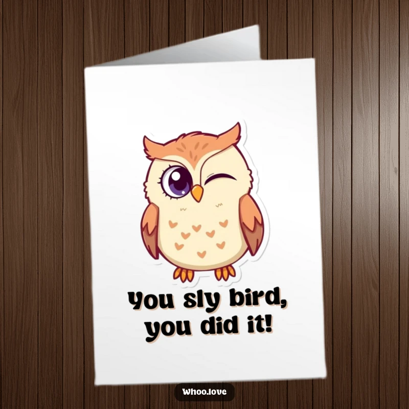 Funny Free Printable Congratulations Card: An owl gives a knowing wink with one large eye, celebrating an achievement.
