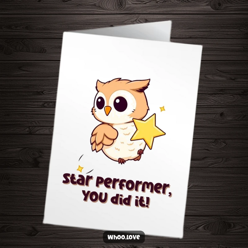 Funny Free Printable Congratulations Card: Playful owl comically chasing a sparkling star, celebrating achievements with whimsy.
