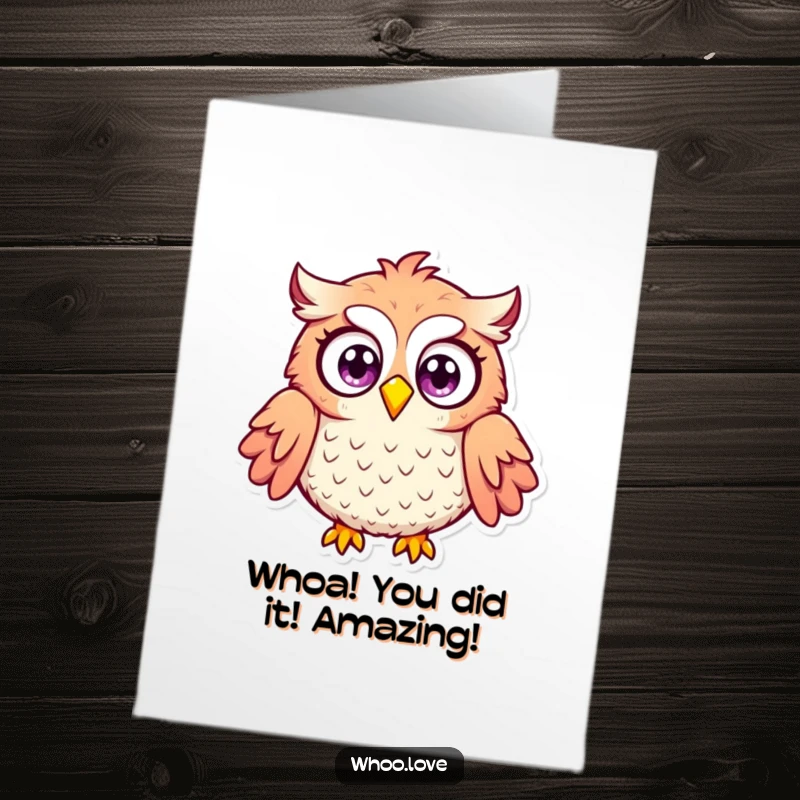 Funny Free Printable Congratulations Card showcasing an owl with wide, surprised eyes and puffed feathers, a delightful download.