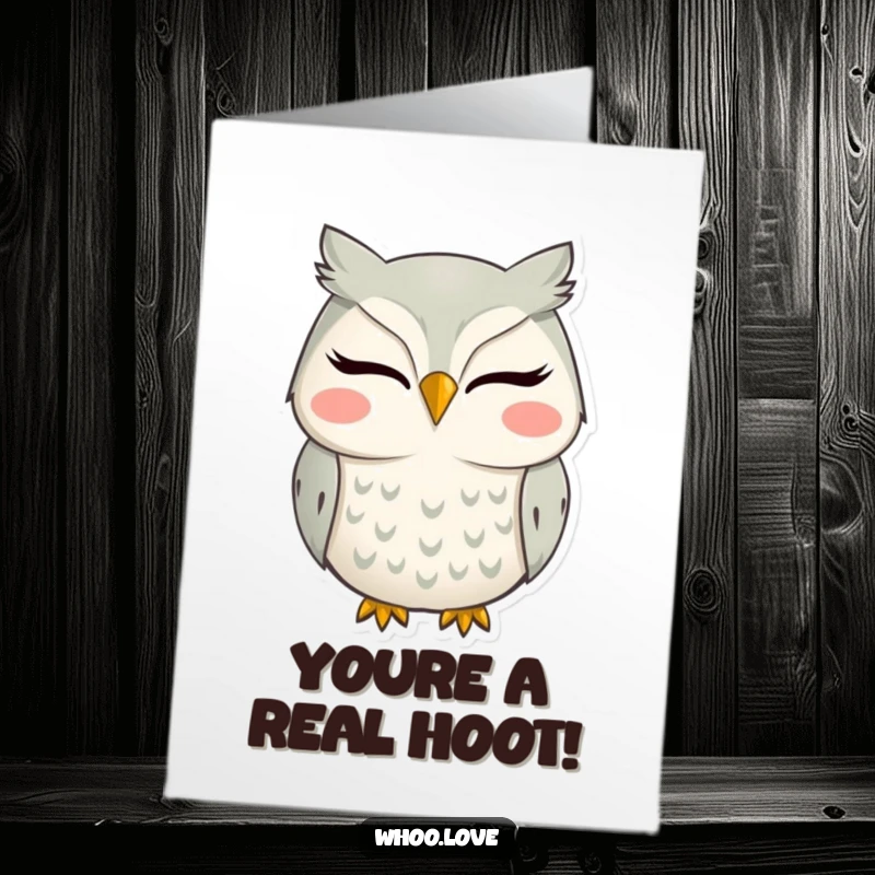 Funny free printable congratulations card: A cheerful owl wears an enormous, infectious smile, celebrating success.