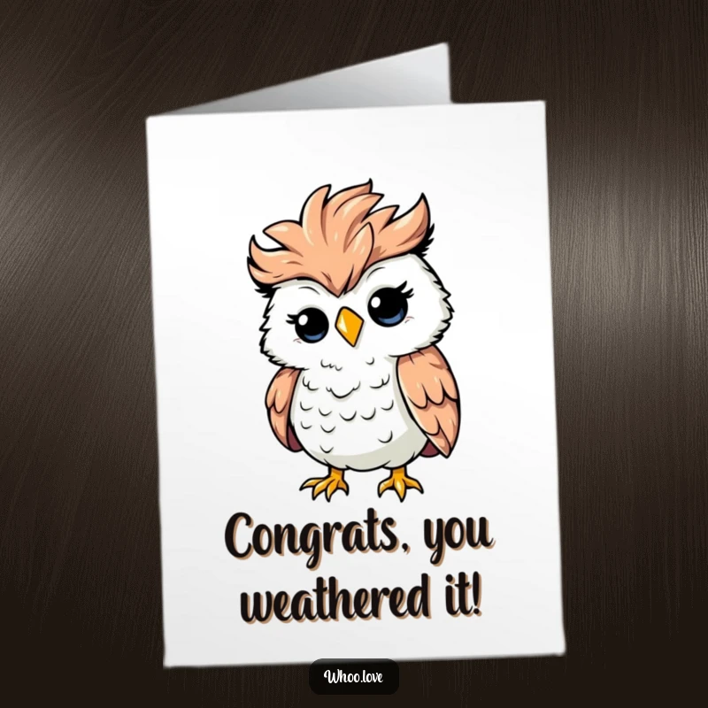 Funny Free Printable Congrats Card: Silly owl with feathers ruffled, caught in a gust of wind, triumphant and amusing.