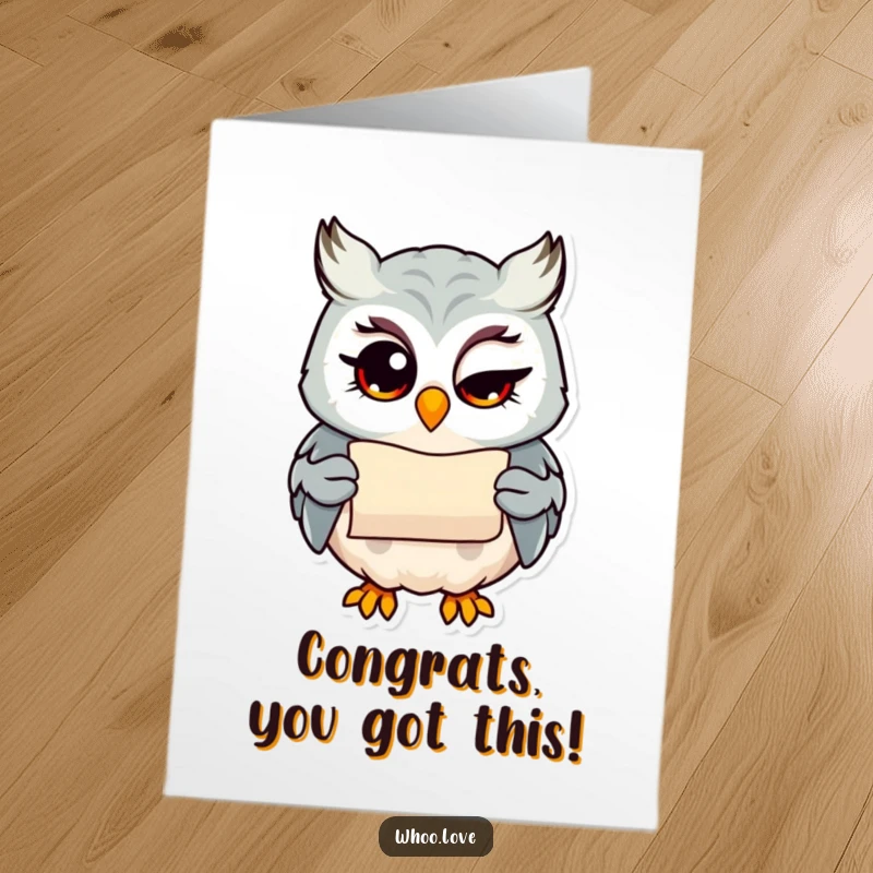 Funny Free Printable Congrats Card: Owl character with a bright wink holding a tiny scroll, knowing and celebratory.