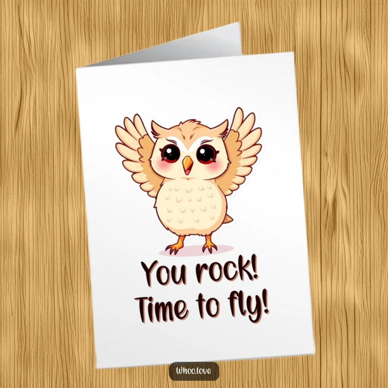 Free Printable Congratulations Card: Kawaii owl doing a silly dance, wings spread wide in celebration. Fun gift.