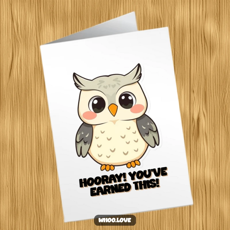 Funny Free Printable Congratulations Card: A joyful owl hooting loudly with an enormous, delighted smile, celebrating an achievement.