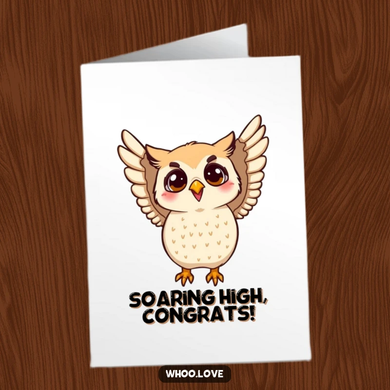 Funny Free Printable Congratulations Card with an owl character flapping its wings enthusiastically in celebration