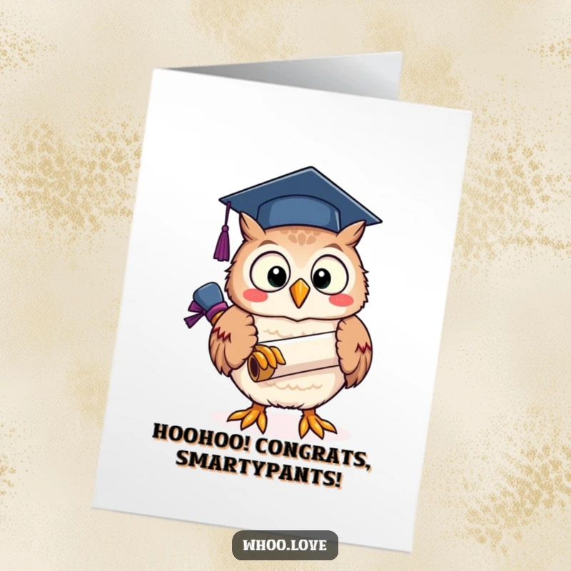 Free Printable congratulations card featuring a joyful owl with a graduation scroll and cap, celebrating academic success with glee.