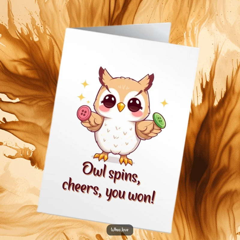 Funny free printable congratulations card showing a playful owl juggling shiny buttons, symbolizing a successful feat.